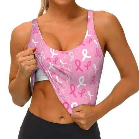 Qokaie Breast Cancer Awareness (3) Pattern Womens Scoop Neck Sports Bra Breathable Workout Vest Padded U Back Medium Impact Fitness Gym Yoga Bra Workout Crop Top