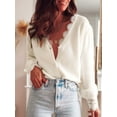 thumbnail image 5 of Lace Trim Mohair Sweaters for Women Pullover V Neck Sweaters Long Sleeve Knitted Sweater Fall Winter Clothes White S, 5 of 10