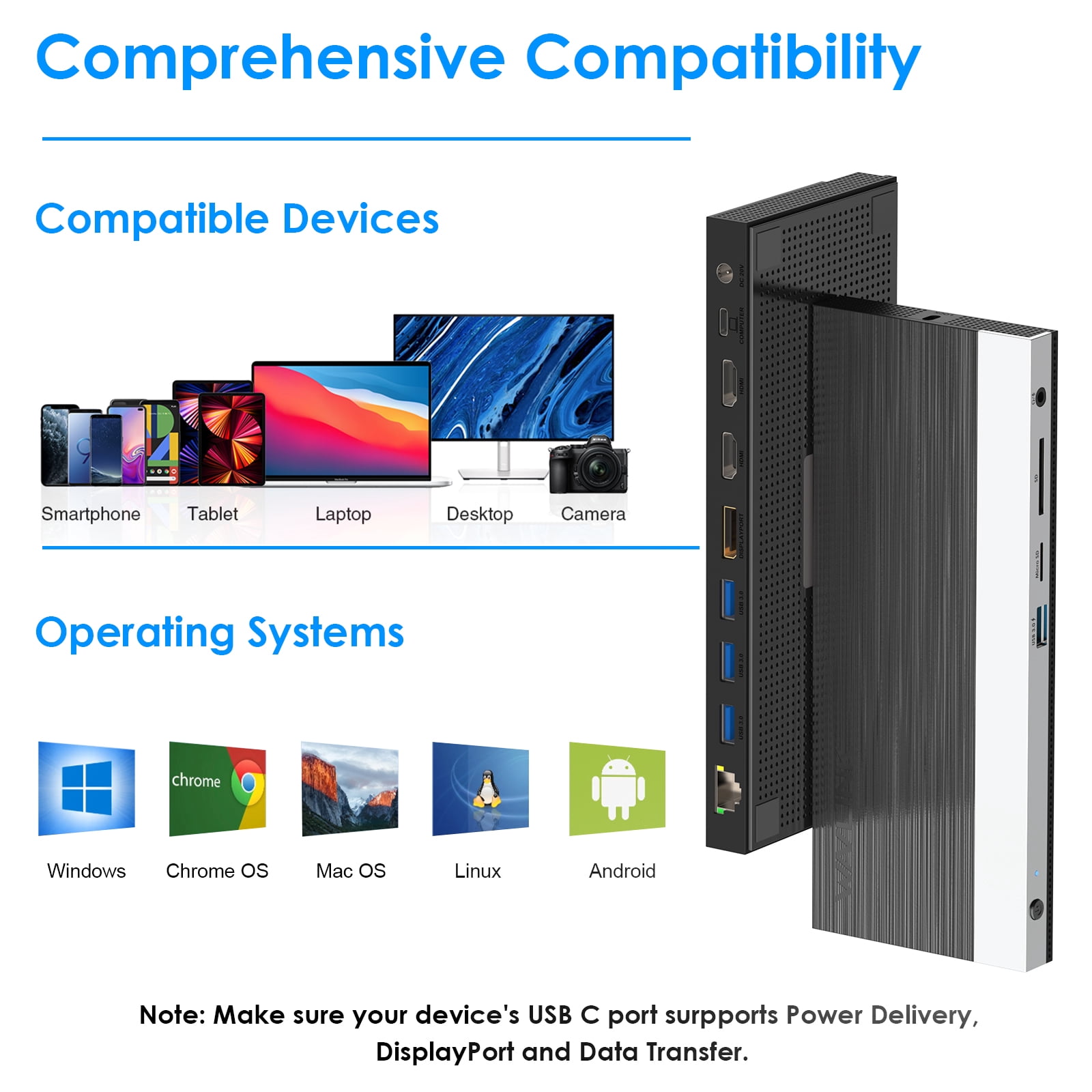 Quality100 13-in-1 USB C Triple Display Docking Station, Support 100W Charging for PC, Max 4K@60Hz with DisplayPort, HDMI, USB 3.0, Gigabit Ethernet, SD/TF Card Slot, Audio Jack for Windows & Mac OS