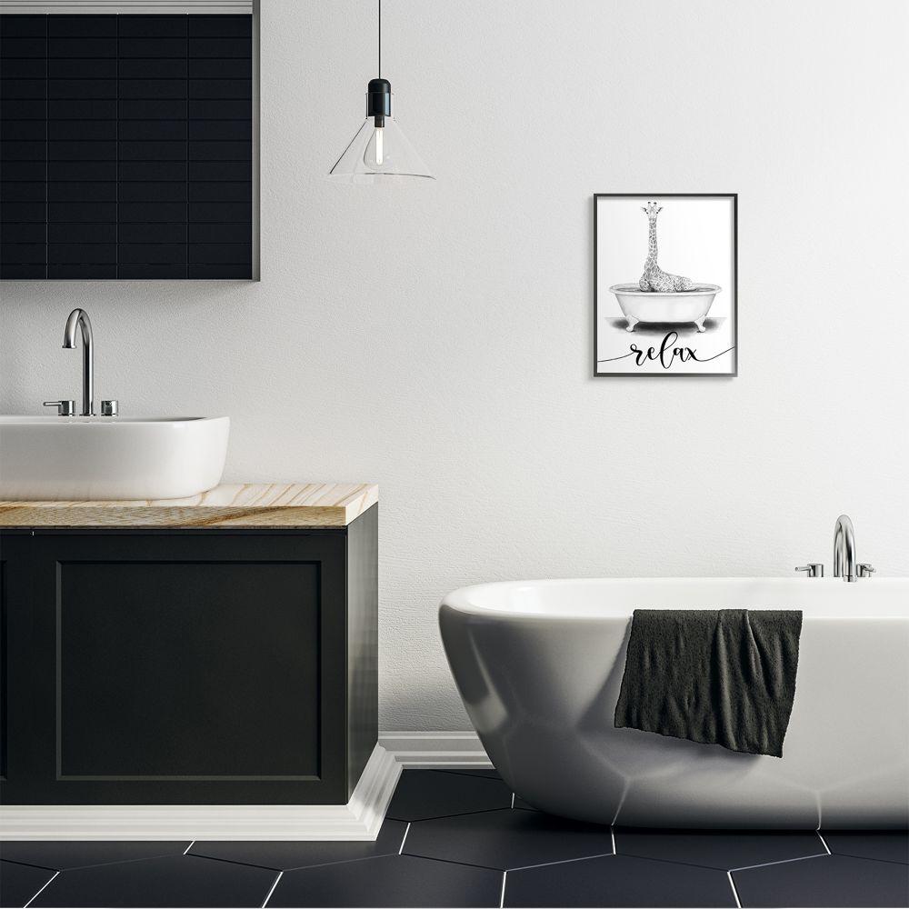 Stupell Industries Giraffe Bathroom Sketch Bath Relaxation Animal Design Framed Wall Art Design by Rachel Nieman, 16" x 20", Black Framed