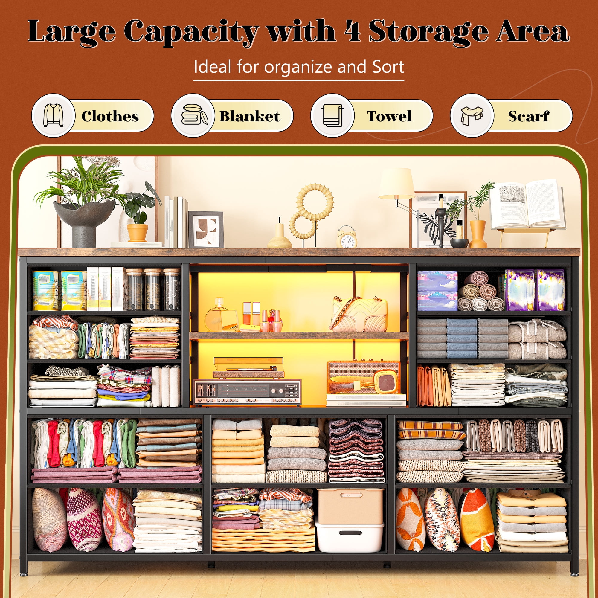 reibii TV Stand for 55'' TV Dresser for Bedroom,LED TV Stand with Storage 12 Fabric Drawers Dresser with Entertainment Center,Power Outlet,Rustic Brown