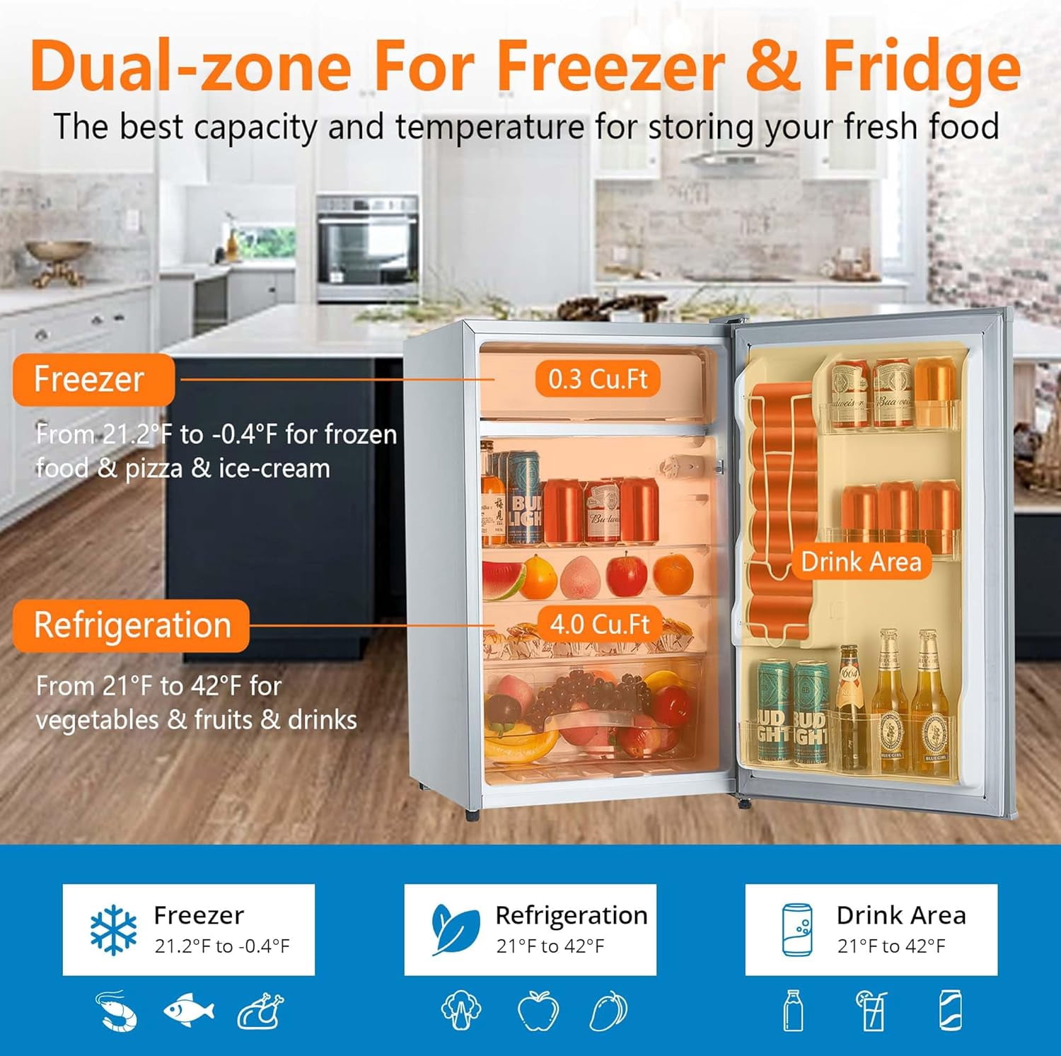 4.3 Cu. Ft Mini Fridge with Freezer - Space-Saving Design, Adjustable Temperature, Organized Storage, Crisper Drawer, Removable Glass Shelves, Ideal for Compact Spaces, Grey