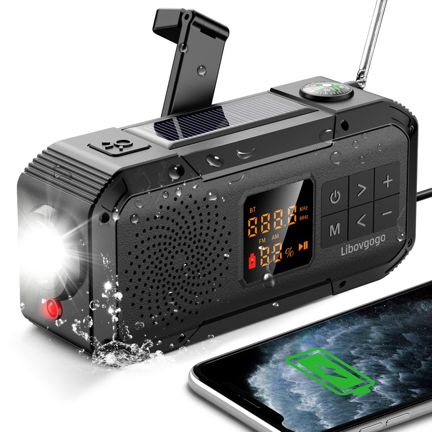 Emergency Weather Radio Bluetooth Speaker, Solar Hand Crank Waterproof