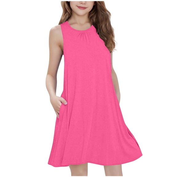 Ugoldhm Girls Sleeveless Pleated Neck Swing Dress with Pockets - Casual Comfy Summer Tank Dress (5-15 Years)