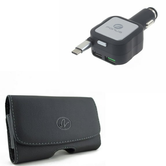 Leather Case Belt Clip w Retractable Car Charger for OnePlus 9 Phone - Swivel Holster Loops, 4.8Amp Type-C 2-Port USB O7A for OnePlus 9