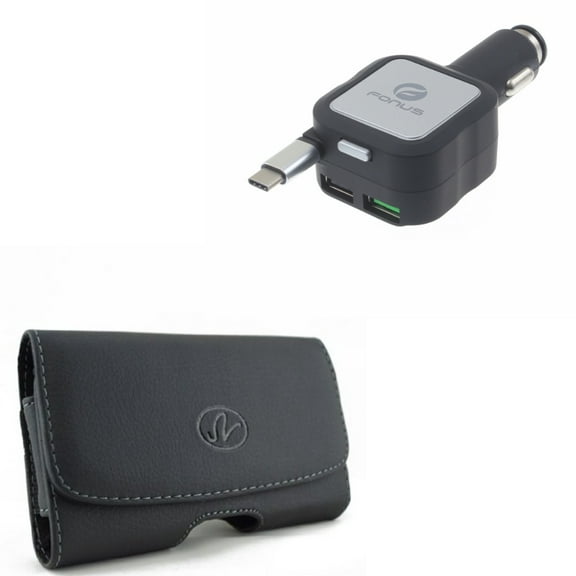 Leather Case Belt Clip w Retractable Car Charger for Google Pixel 4 XL/5a 5G/4a 5G Phones - Swivel Holster, 4.8Amp Type-C N5K Compatible With Pixel 4 XL/5a 5G/4a 5G Models