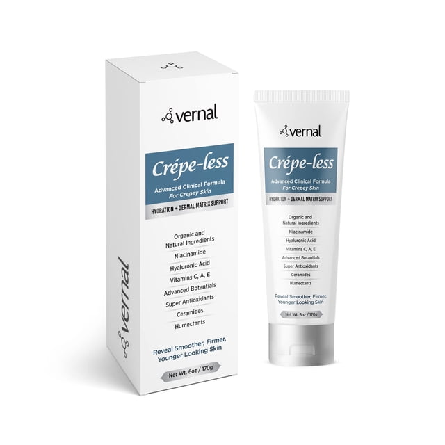 Crema reafirmante de la piel Vernal Crepe-less para reducir los brazos, el cuello y las manos crepés. Crema reafirmante orgánica para reducir la piel fina, seca y arrugada. La mejor crema hidratante p