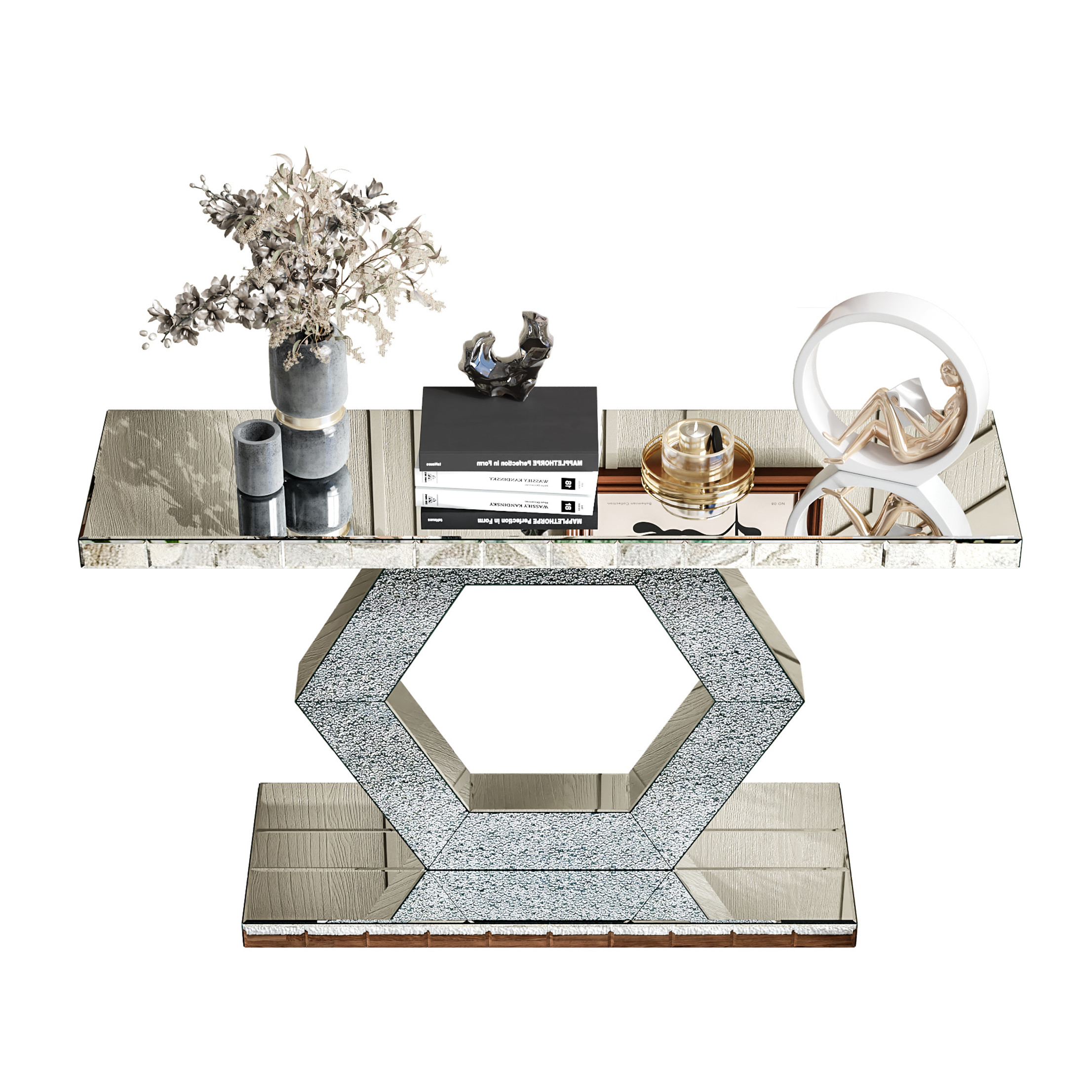 Noble House Sparkling Crystal Hexagon Mirror Entryway - Premium Modern Foyer Console Table with Diamond Glass Effects, Dual-Tier Luxury Sofa Table, Silver