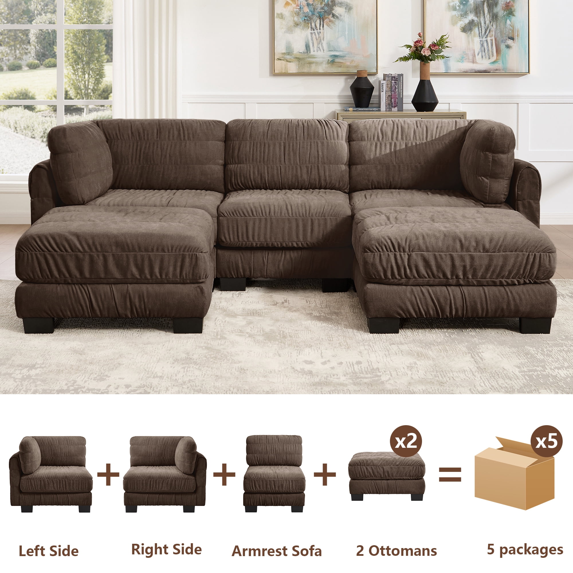 109" U Shape 3 Seat Chenille Modular Sectional Sofa with 2 Movable Ottomans and L Shape Back Cushions
