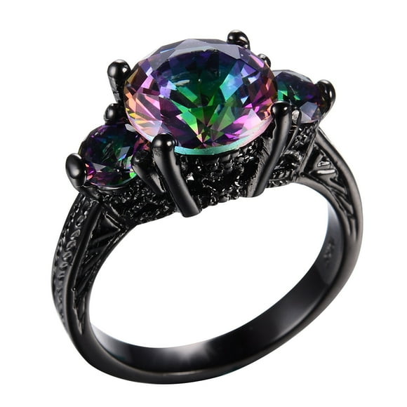 Black Engagement Rings for Women, Black Gold Goth Rings 3 Stone Rings, Mystic Topaz Tourmaline Wedding Rings for Women Size 7