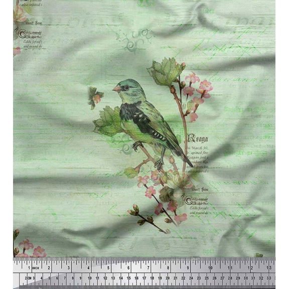Soimoi Cotton Duck Fabric Text,Floral & European Greenfinch Bird Print Fabric by The Yard 42 Inch Wide