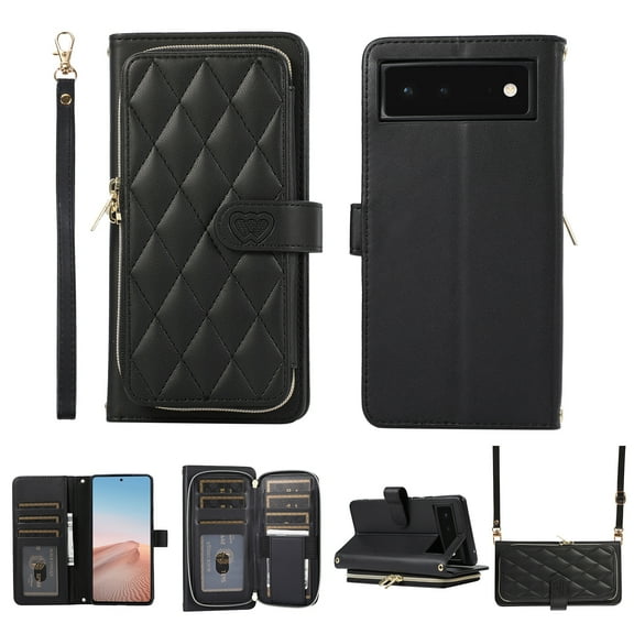 Nalacover for Google Pixel 6 Pro 6.7 inch Premium PU Leather Crossbody Case with Shoulder Strap & Wrist Strap,Shockproof Magnetic Flip Kickstand Credit Card Slots Zipper Wallet Phone Case,Black