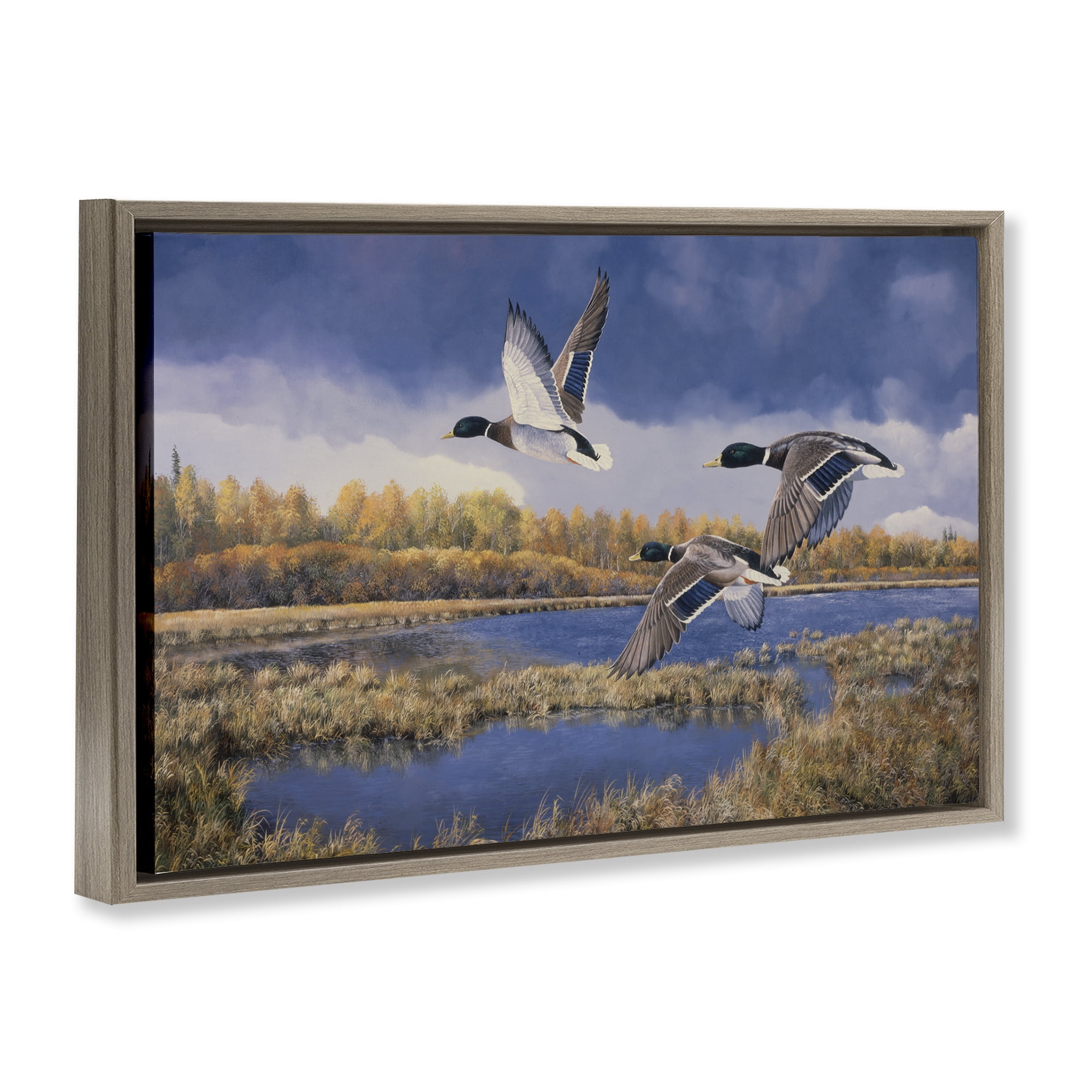 Stupell Industries Ducks Heading South Landscape & Nature Painting Brown Floater Framed Canvas Art Print Wall Art, 25 x 17