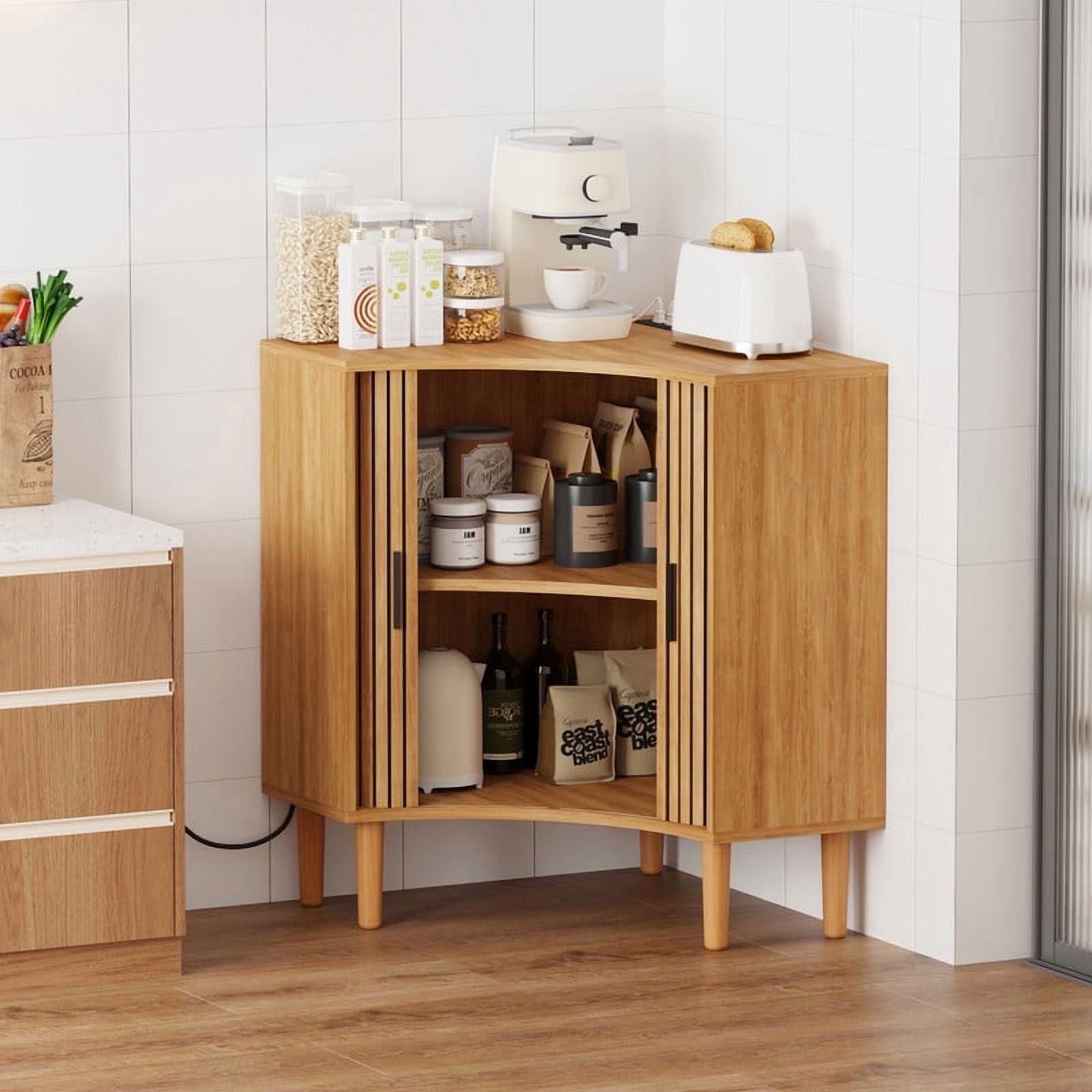 Fluted Corner Cabinet with Charging Station, Small Corner Floor Cabinet with Sliding Doors, Modern Wooden Freestanding Narrow Storage Organizer for Living Room, Small Space,Dining Room, Bathroom