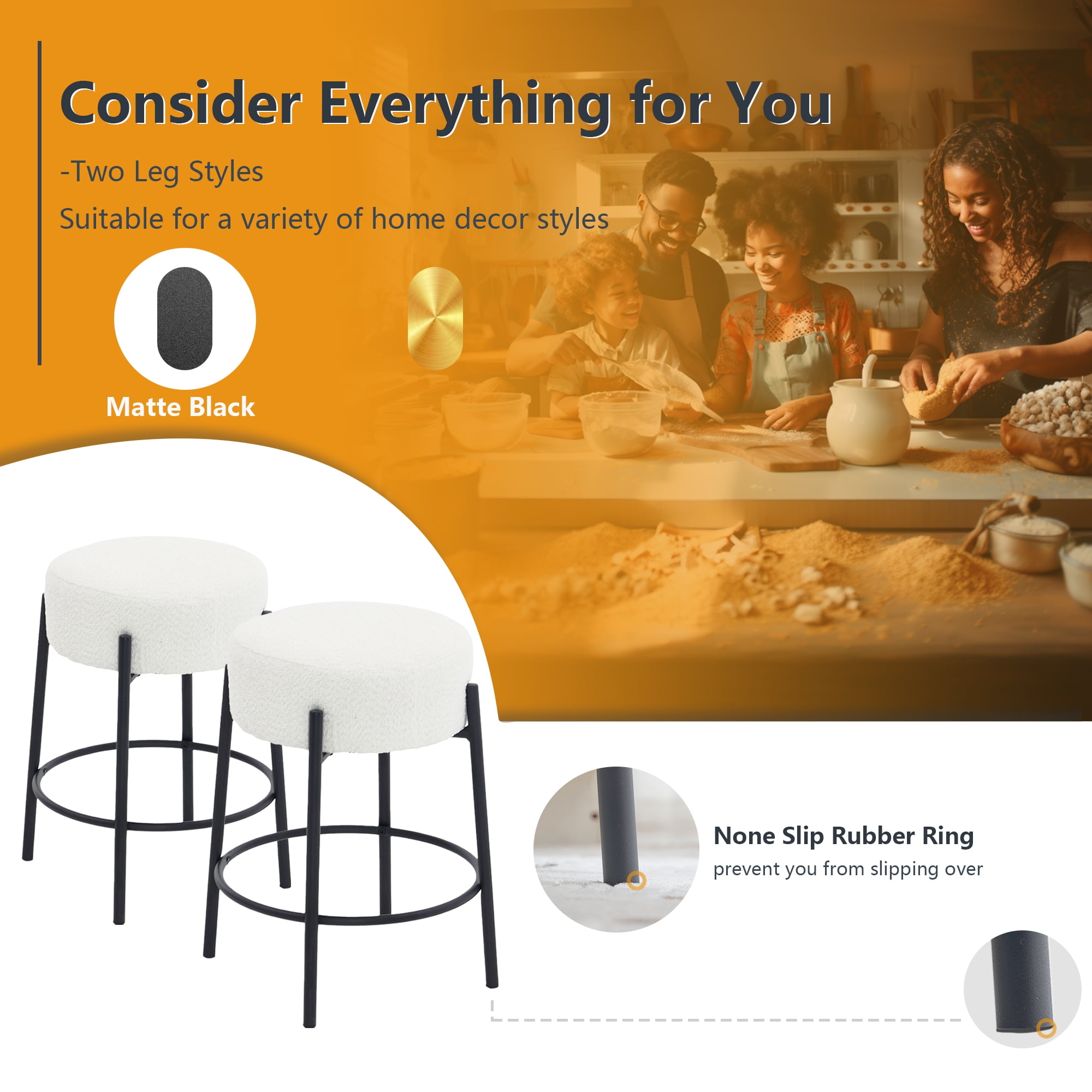 Miniyam Counter Height Bar Stools Set of 2,Boucle Kitchen Stools Upholstered Dining Chair Stools 24 Inch Height,White+Black