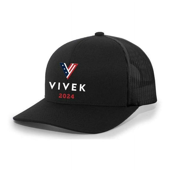 Mens Vivek Hat Vivek Ramaswamy 2024 V Logo Mesh Back Trucker Hat Baseball Cap-Black/Black