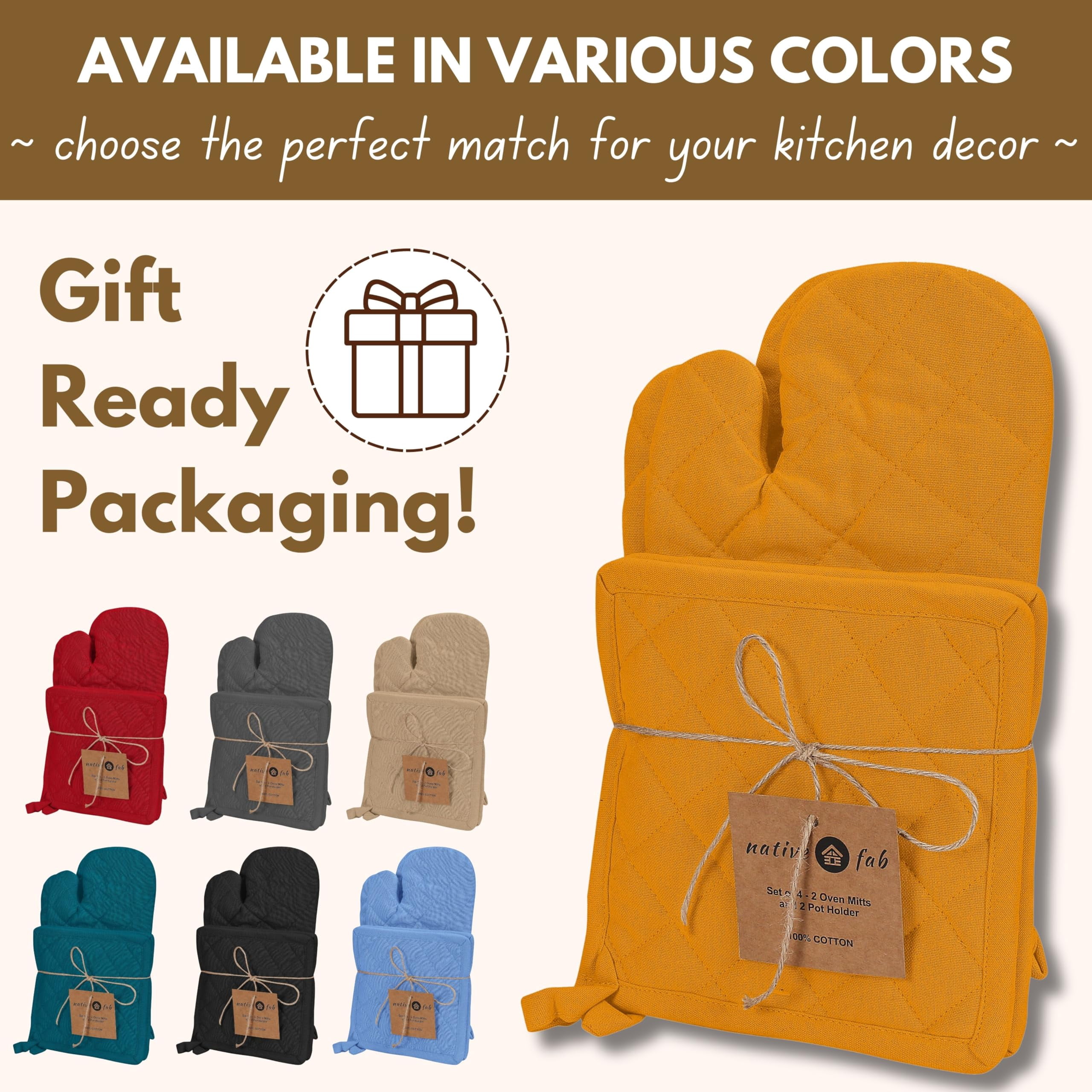 Native Fab Oven Mitts & Potholders Set, Heat Resistant, 100% Cotton, Quilted Design, Non-Slip Grip, Ideal for Baking, Cooking, BBQ, Kitchen Protection - Mustard Yellow