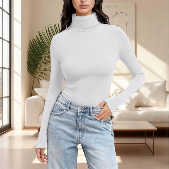 WHEANG Long Sleeve Shirts For Women High Neck Regular Long Sleeve Crewneck T Shirt Rayon Spandex Soft Elastic Slim Fit Base Layer 1Pc White S-5Xl