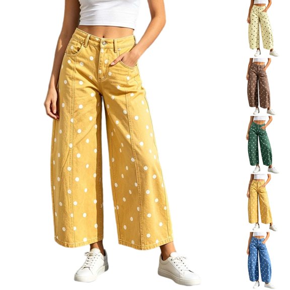 Nugftut Dots Wide Leg Jeans for Women High Waist Jeans Loose Pockets Trousers