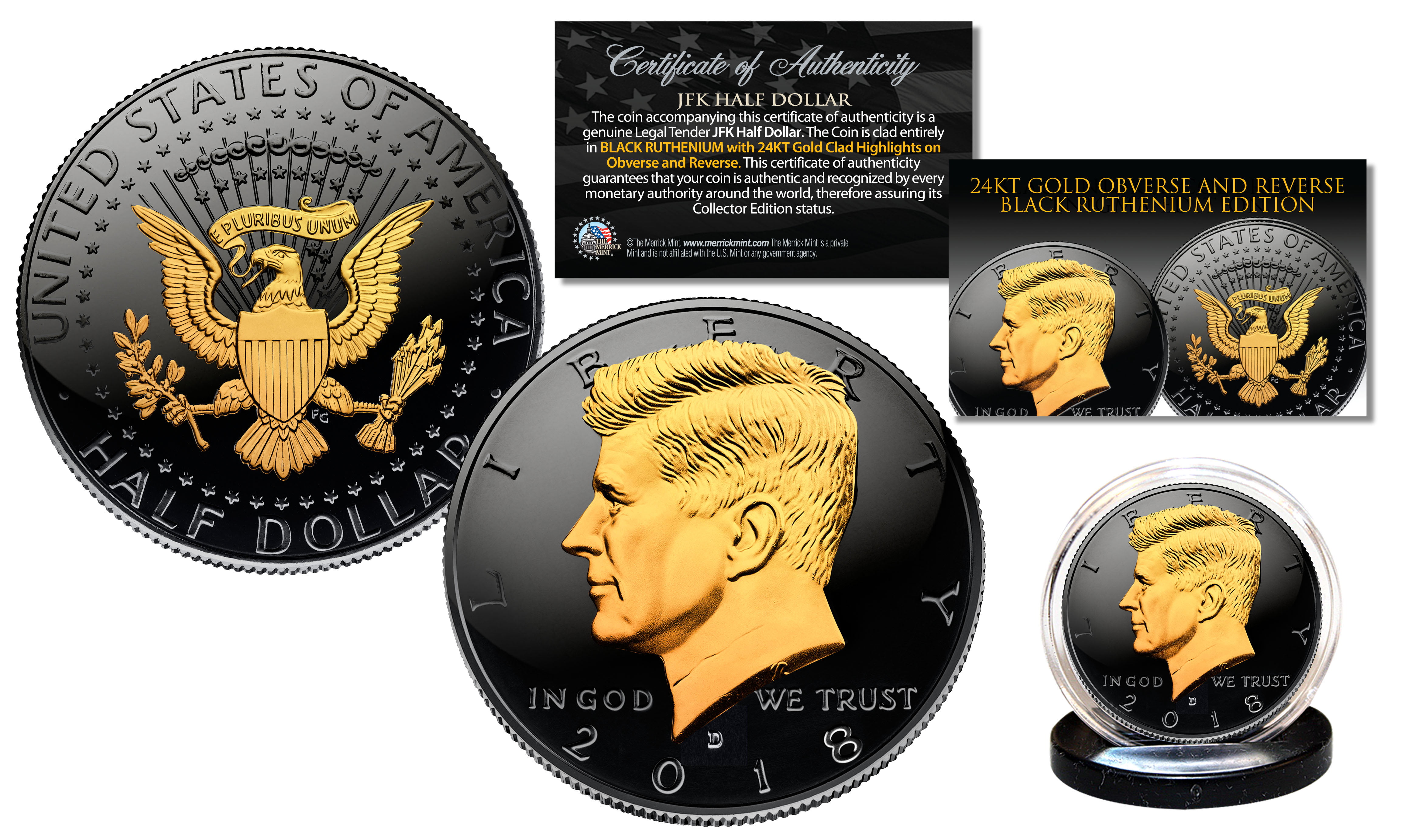 P MINT BLACKOUT EDITION 2016 JFK Half Dollar Coin BLACK RUTHENIUM w/ 24K Gold 
