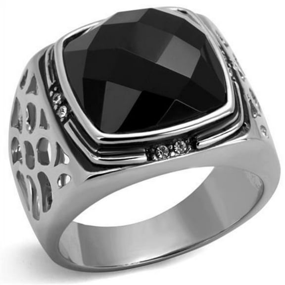 Luxe Jewelry Designs Men's Stainless Steel Ring with Black Jet Synthetic Onyx and Clear Stones- Size