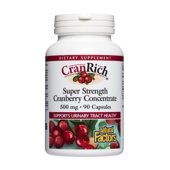 Natural Factors CranRich, Super Strength 36:1 Cranberry Concentrate, 500 mg, Sugar-Free Whole Fruit Cranberry Pills for Urinary Tract Health, 90 Capsules
