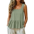 thumbnail image 4 of Helii Women's Square Neck Ruffle Hem Linen Tank Top – 20% Linen 80% Cotton Babydoll Crop Top, Loose Fit Breathable Summer Vest, Casual Sleeveless Top for Women Light Green,M, 4 of 7