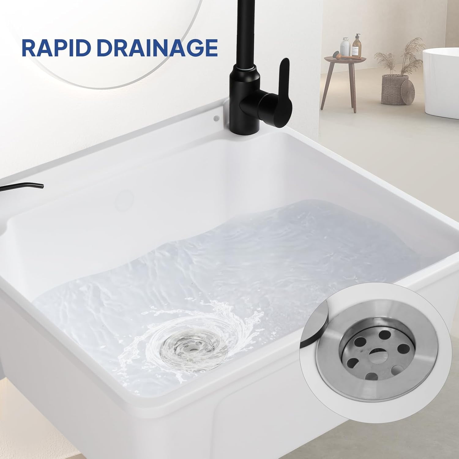 ROVSUN Plastic Wall-Mounted Utility Sink, Wall-Mounted Utility Tub with Wall Bracket, Hot&Cold Faucet, Drain Plug, Perfect for Basement, Laundry Room, Garage or Shop and More, Black