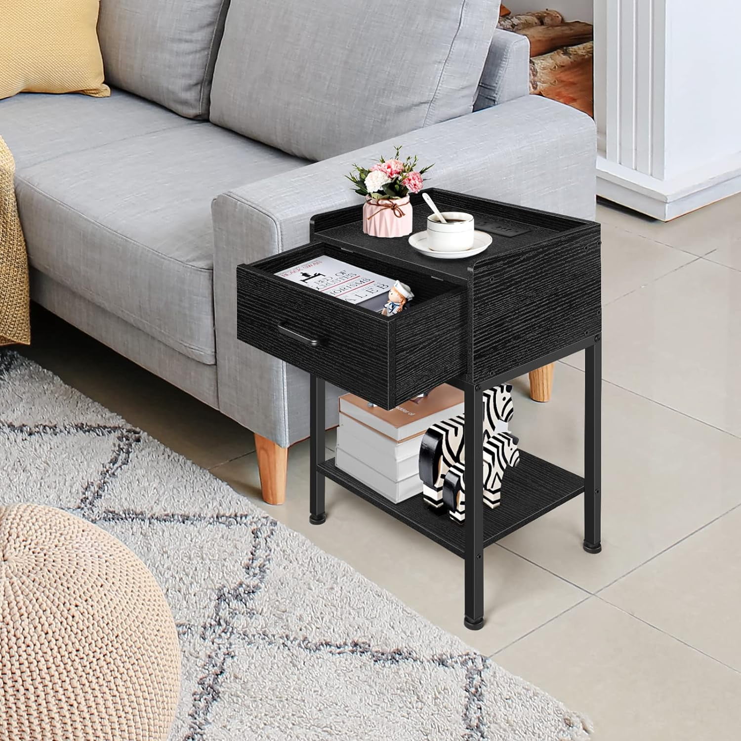 Oumilen Modern Nightstand with Charging Station, Black
