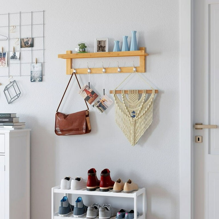 Homfa Wall Mounted Shelf with Storage Bamboo Wall Coat Rack with 5 Hooks for Entryway Natural