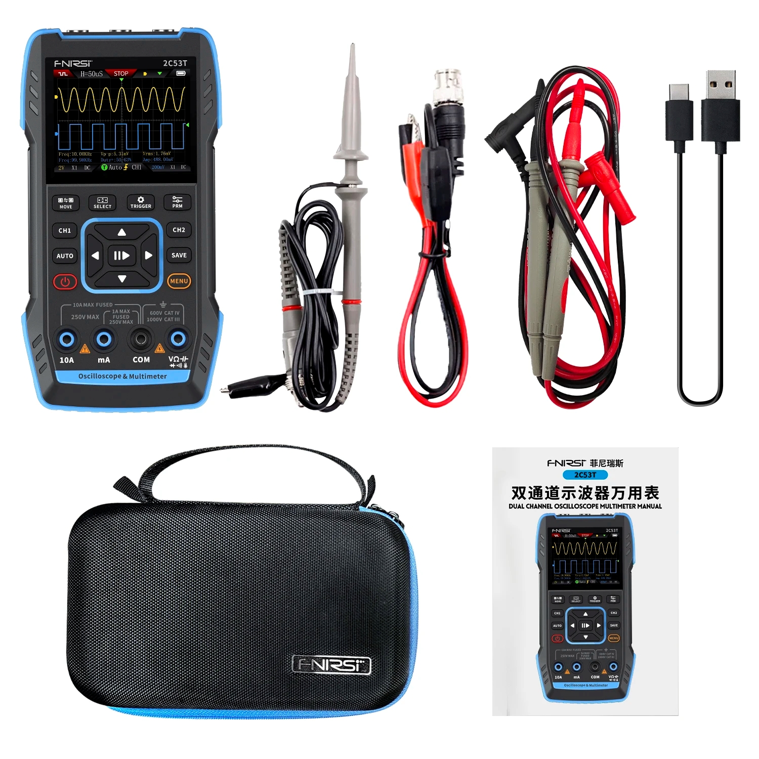 FNIRSI 2C53T Upgrade 3in1 Oscilloscope Multimeter Signal Generator 50MHz Bandwidth 250MS Rate Dual Channel 20000 Counts