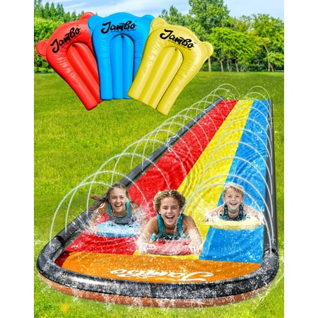 Jambo Premium Slip Splash and Slide with 3 Bodyboards, Heavy Duty Water Slide with Advanced 3-Way Water Sprinkler System