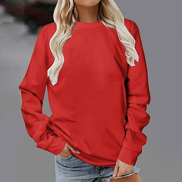 Offres Cyber et Lundi Pxxlle Chandail en Molleton Rouge pour Femmes Col Rond Décontracté Automne Chandails en Molleton Couleur Unie Coupe Classique Chandail Tops Manches Longues Amples