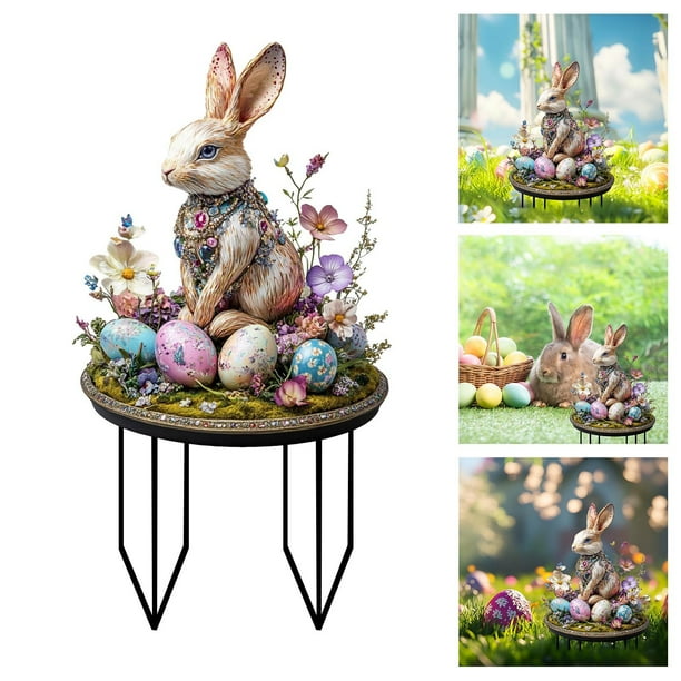 Huevos y conejitos de Pascua de colores insertados en el suelo. Tapón de tierra acrílico.
