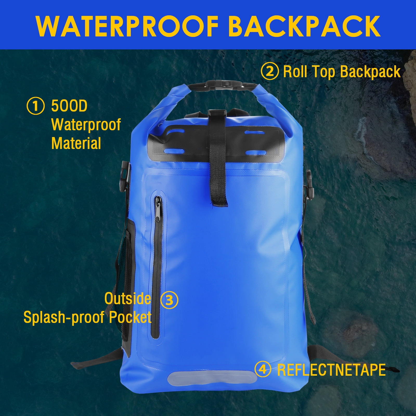 Wholefire 30L Dry Bag Waterproof Floating Backpack Heavy Duty Roll Top Dry Backpack In Blue for Kayaking, Camping, Hiking, Surfing