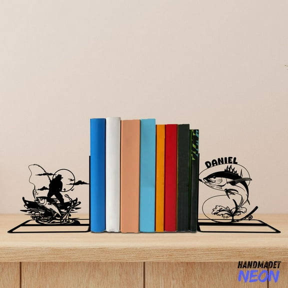 Handmadetneonsign Tuna Fish Metal Bookends, Fisherman Name Bookend, Fishing Table Bookshelf Decor 78396
