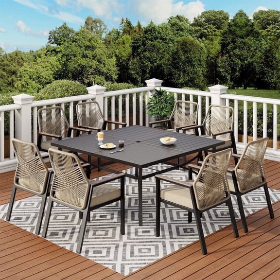 9-Piece Patio Dining Set, 8 Cushioned All-Weather Rattan Rope Chairs and Large Square Table with Umbrella Hole