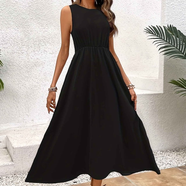 FcBaudy Robe Sans Manches Col Rond, Robes d'Été pour Femmes, Robes de Mode Féminine Couleur Unie Pli Sans Manches Col Rond Robe Femme