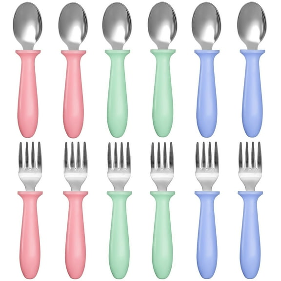 12 Pieces Toddler Utensils, Toddler Forks and Spoons, Kids Silverware Set with Plastic Handle Stainless Steel Silverware, Dishwasher Safe