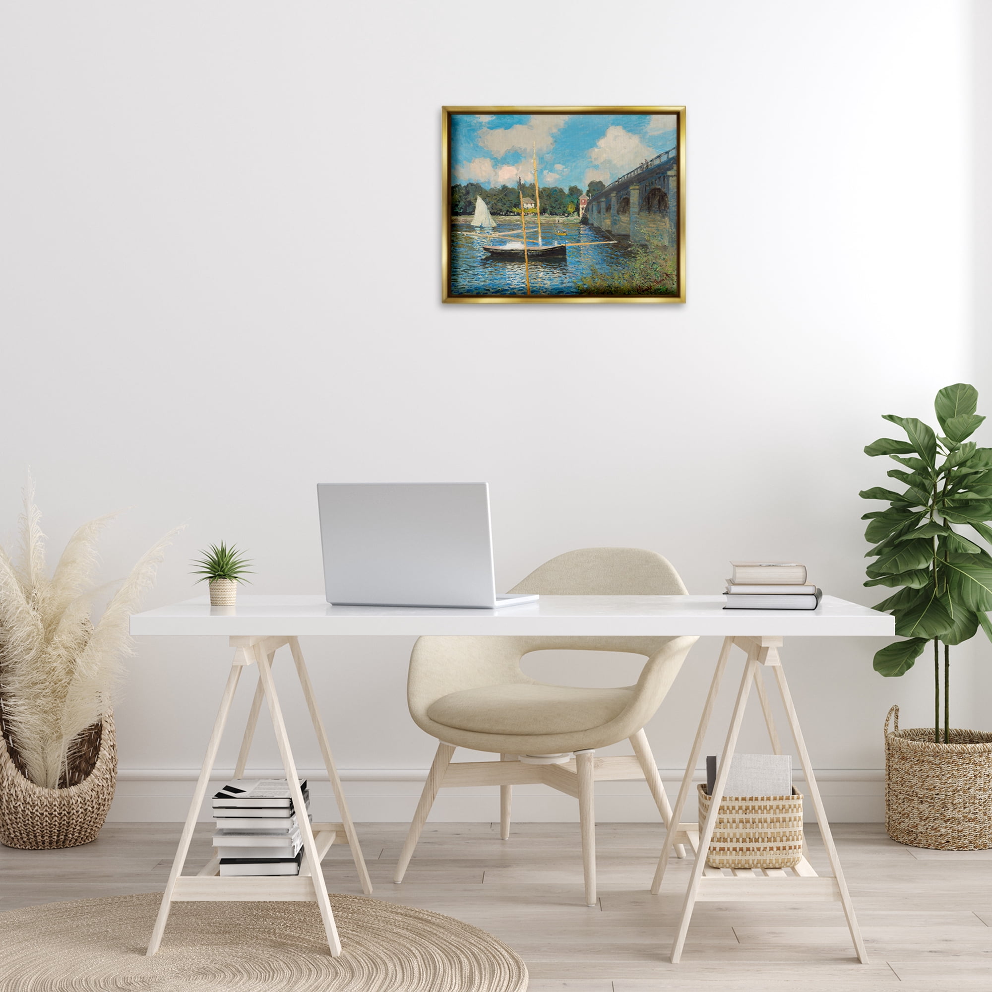 Stupell Industries Classic River with Boats Sailing Landscape & Nature Painting Gold Floater Framed Canvas Art Print Wall Art, 21 x 17