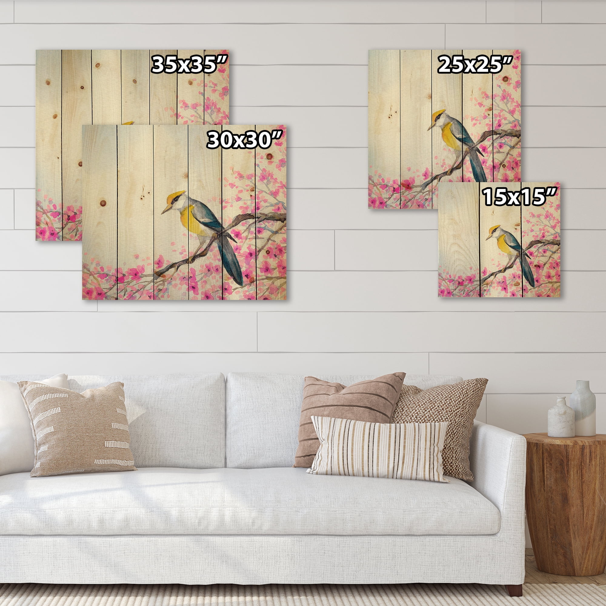 Designart 'Beautiful Bird Sitting On Flowering Branch' Traditional Print on Natural Pine Wood