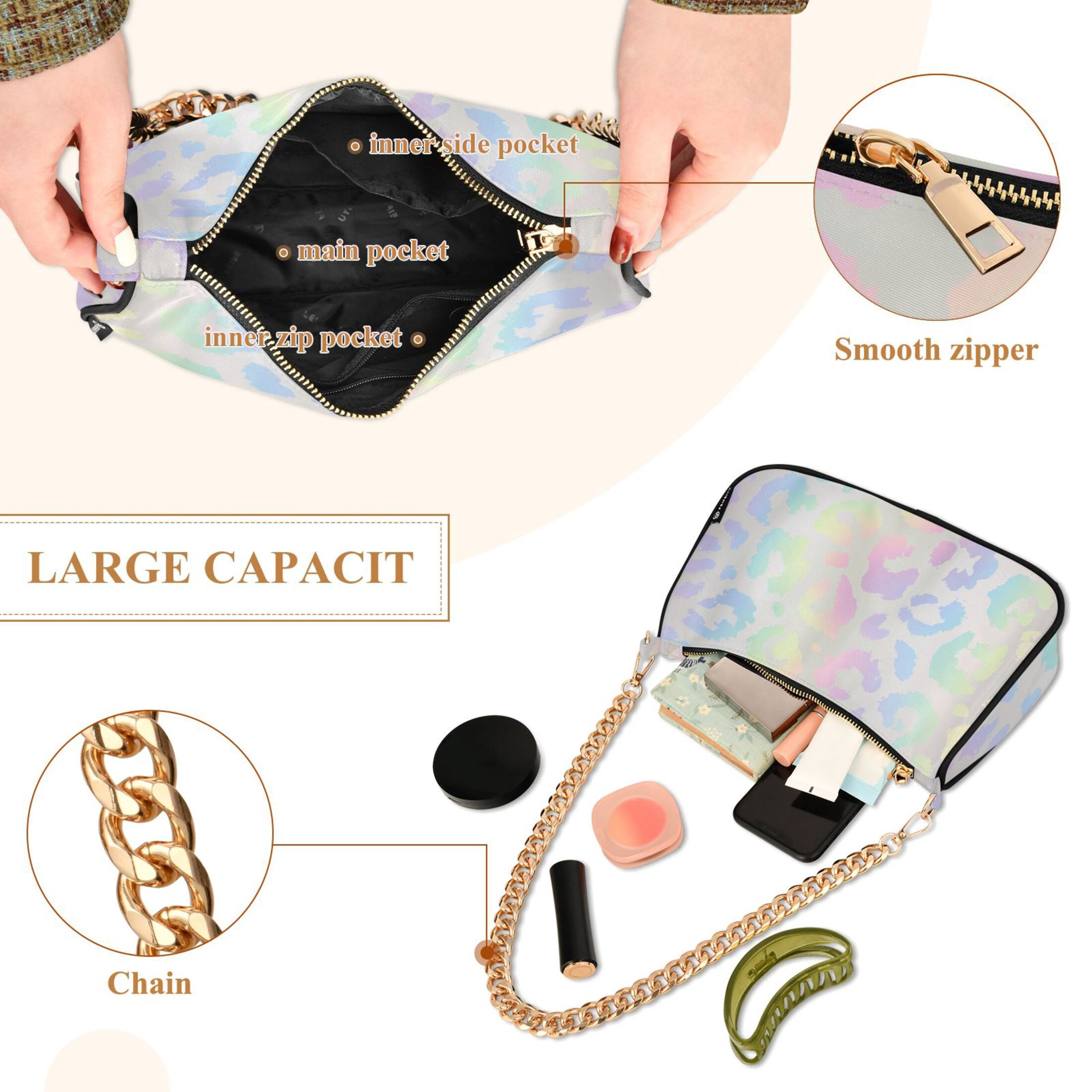 Iridescent Leopard Womens Chain Shoulder Bag Tote Handbag Clutch Hobo Purse with Zipper for Travel Casual