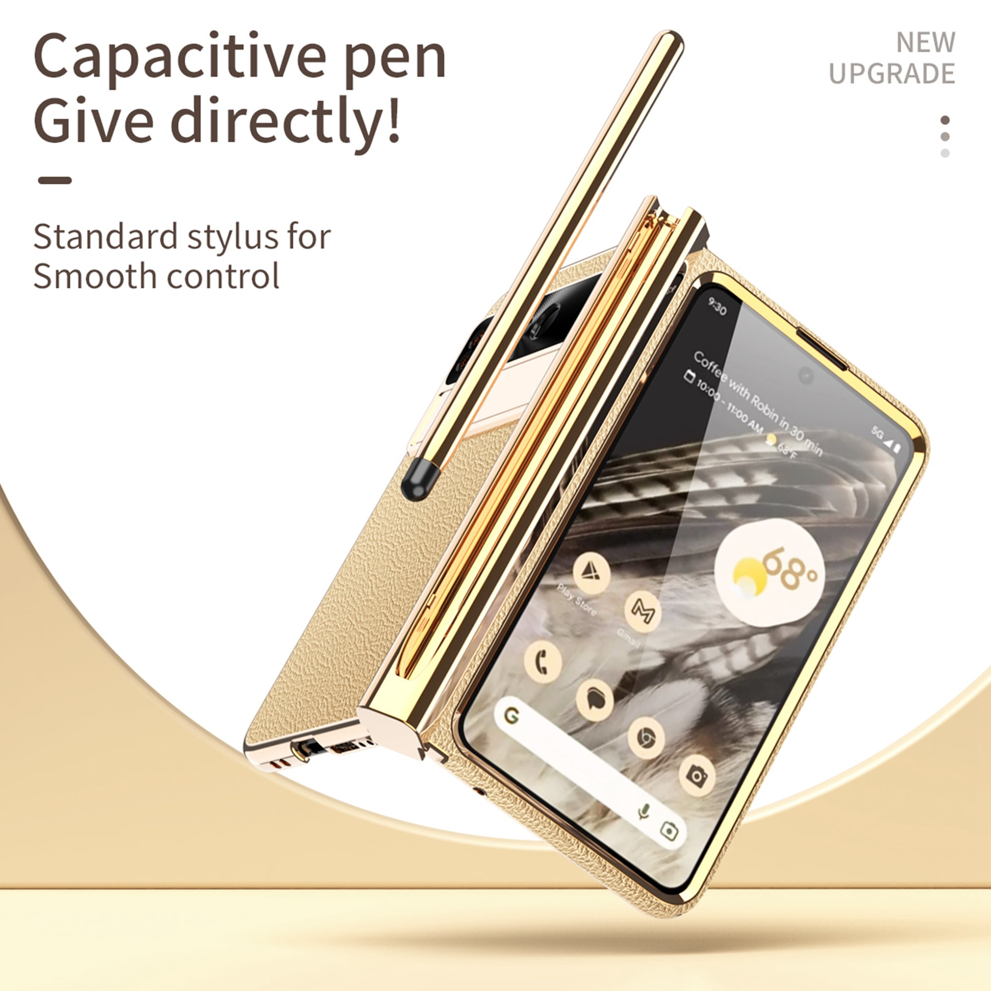Dteck for Google Pixel Fold Case with Built-in Tempered Glass Screen Protector, Full Body Hinge Protection Shockproof Case with Pen Slot for Pixel Fold, Gold