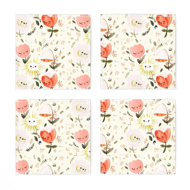 Linen Cotton Canvas Cocktail Napkins (Set of 4) Dreamy Spring Happy