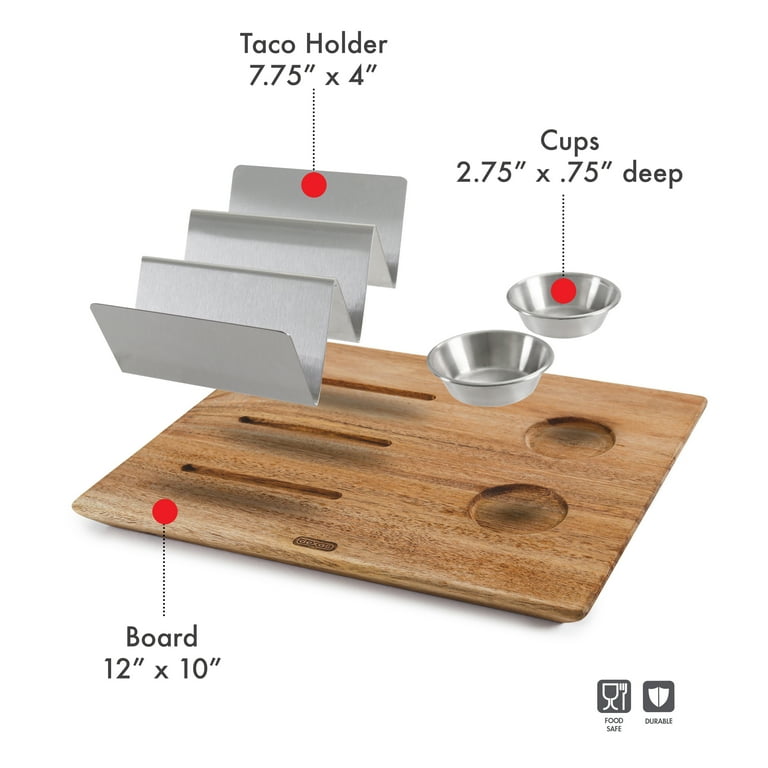 Dexas Acacia Wood Taco Serving Board with Two 2oz Stainless Steel