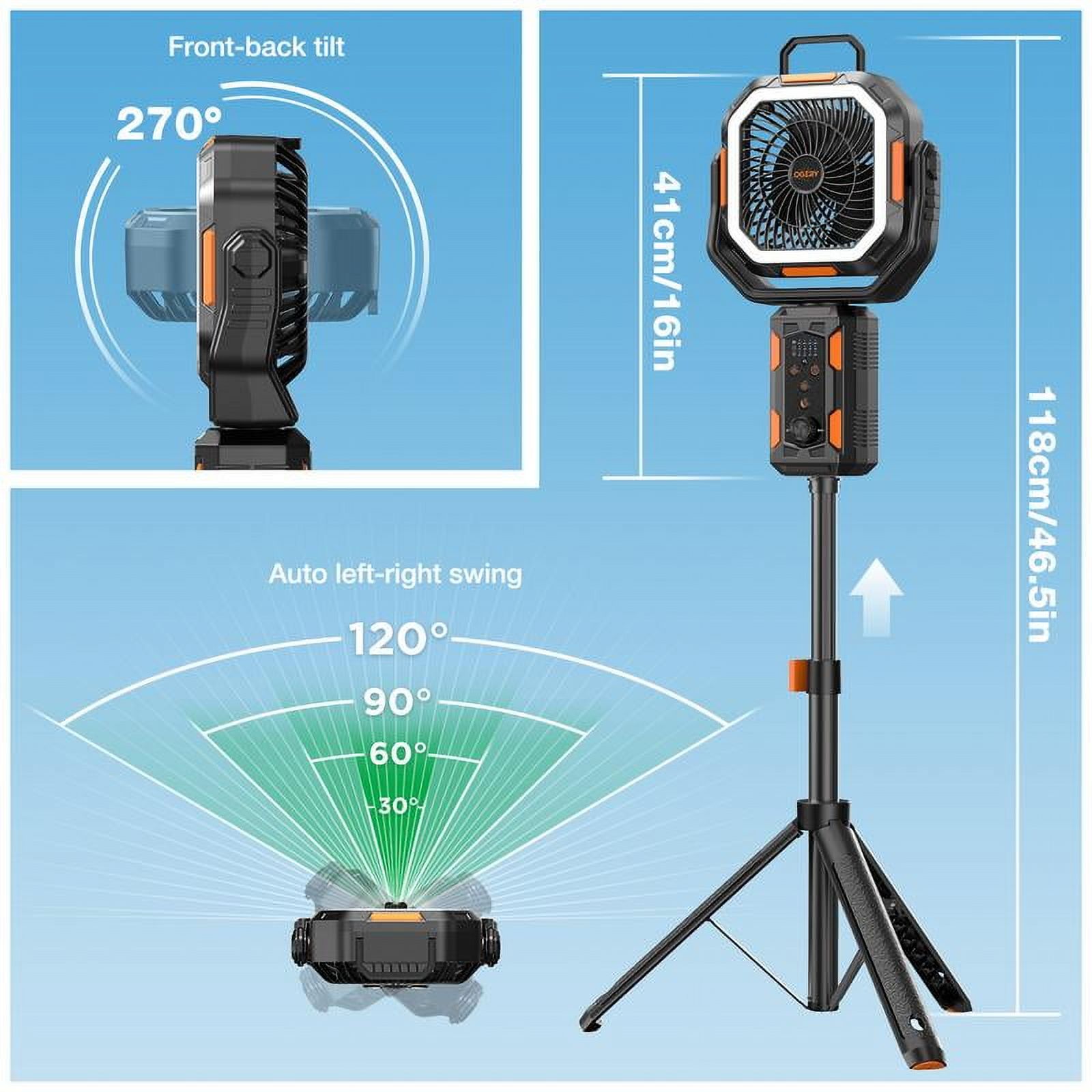 Camping Fan with Detachable Tripod,20000mAh Rechargeable Fan with LED Lights & 270° Pivot,4 in 1 Cordless Camping Fan,Remote Control Shaking Head Desk Fan for Camping Tent Travel Bedroom Portable