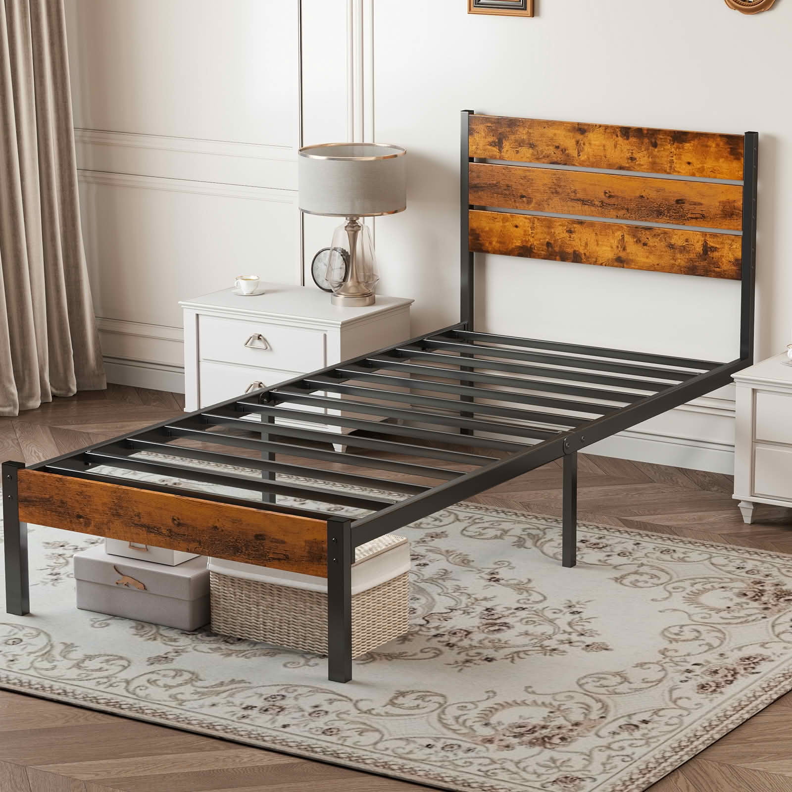 MAYEERTY Sturdy Metal Bed Platform with Wood Headboard Footboard, 12.8” Under‑Bed Storage, 800 Lbs Wooden Slat Support, Noise Free for Bedroom Use