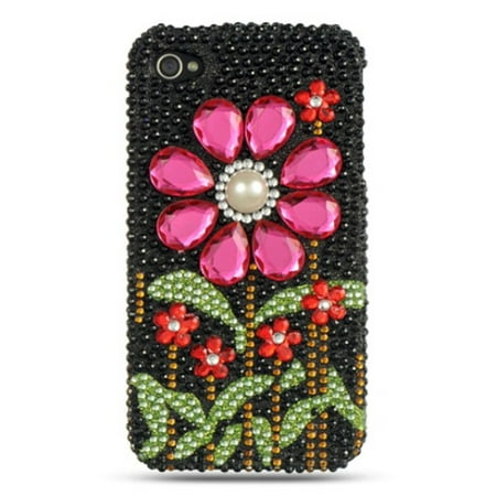 Insten Fenncy Full Diamond Bling Hard Back Cover Case For Apple iPhone 4 / 4S - Black/Hot Pink Sun