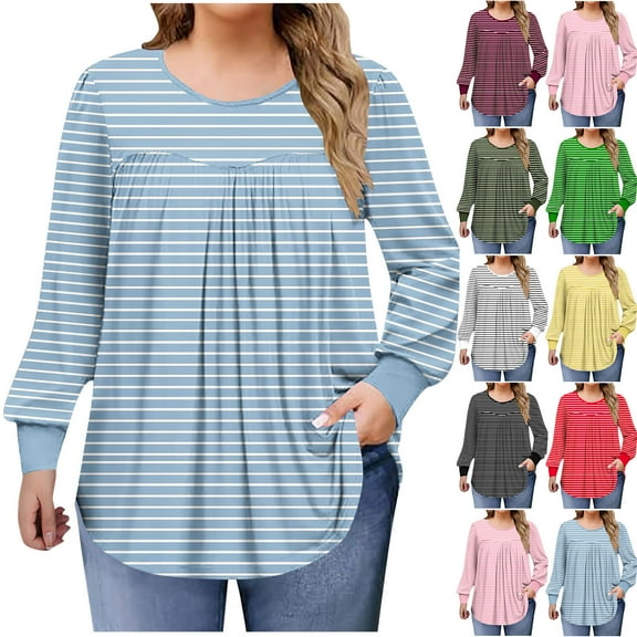 Miluxas Women's Solid Color Basic Plus Size Stripe Print Tees Long Sleeve Pleated Round Neck Casual Shirts Loose Daily Blouses Yellow XL(XL)