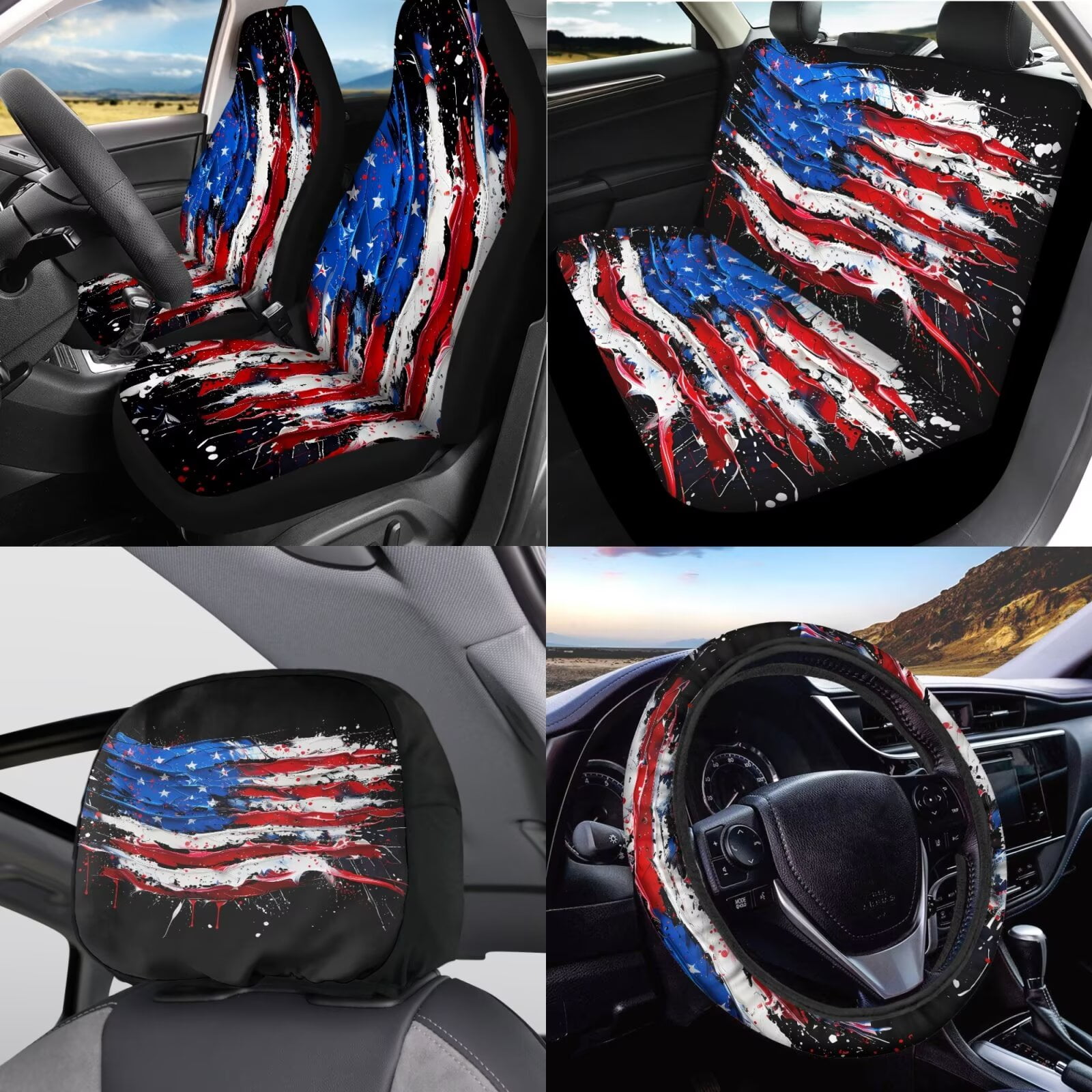 Garronmavis American Flag Seat Covers Full Set with Steering Wheel Wrap Gear Shift Cover Handbrake Sleeve Headrest Protectors Cup Coasters Decor Accessories Fit for Sedans Van Truck SUV